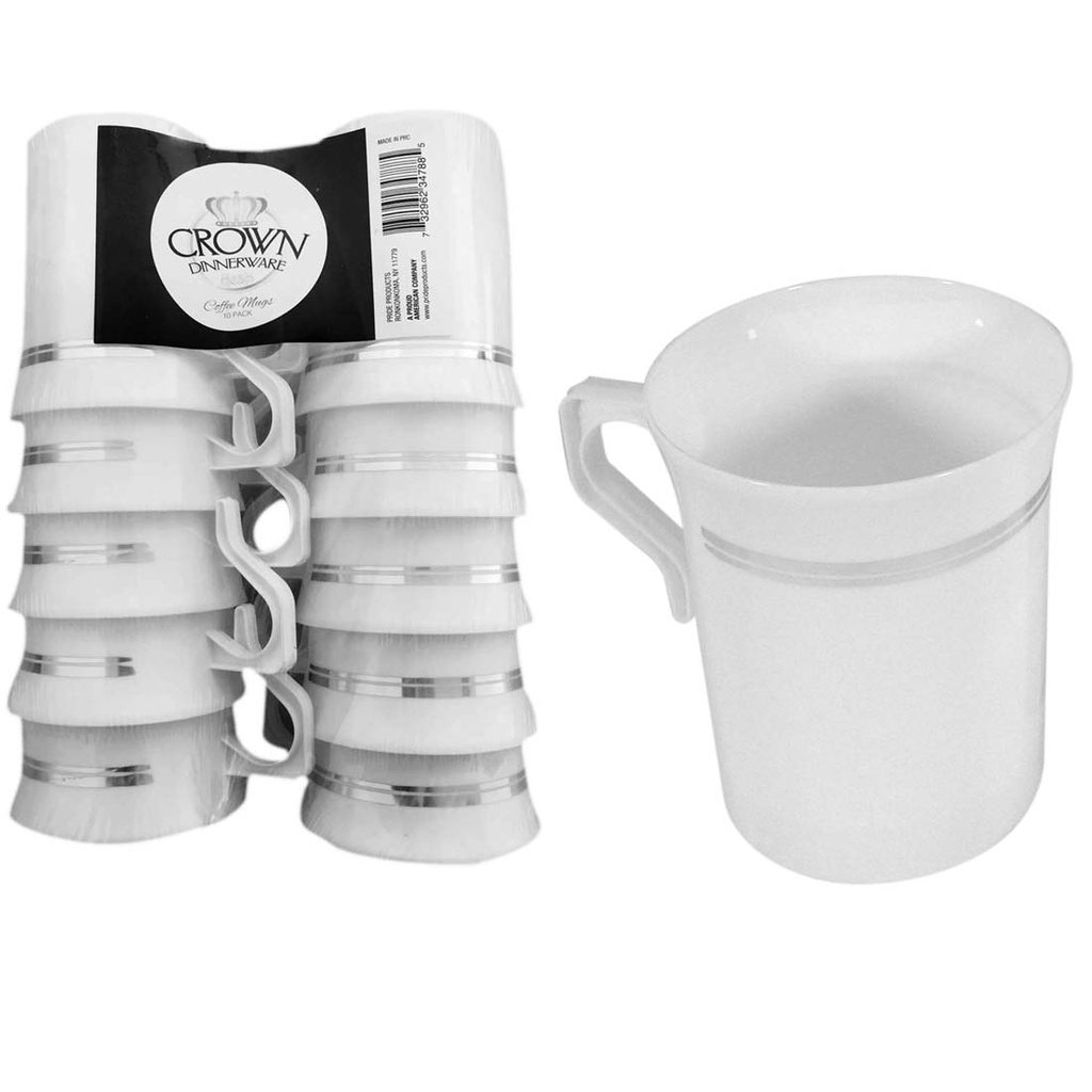 [34788] CROWN COFFEE CUP WITH HANDLE 8 OZ 10 PK SILVER BORDER