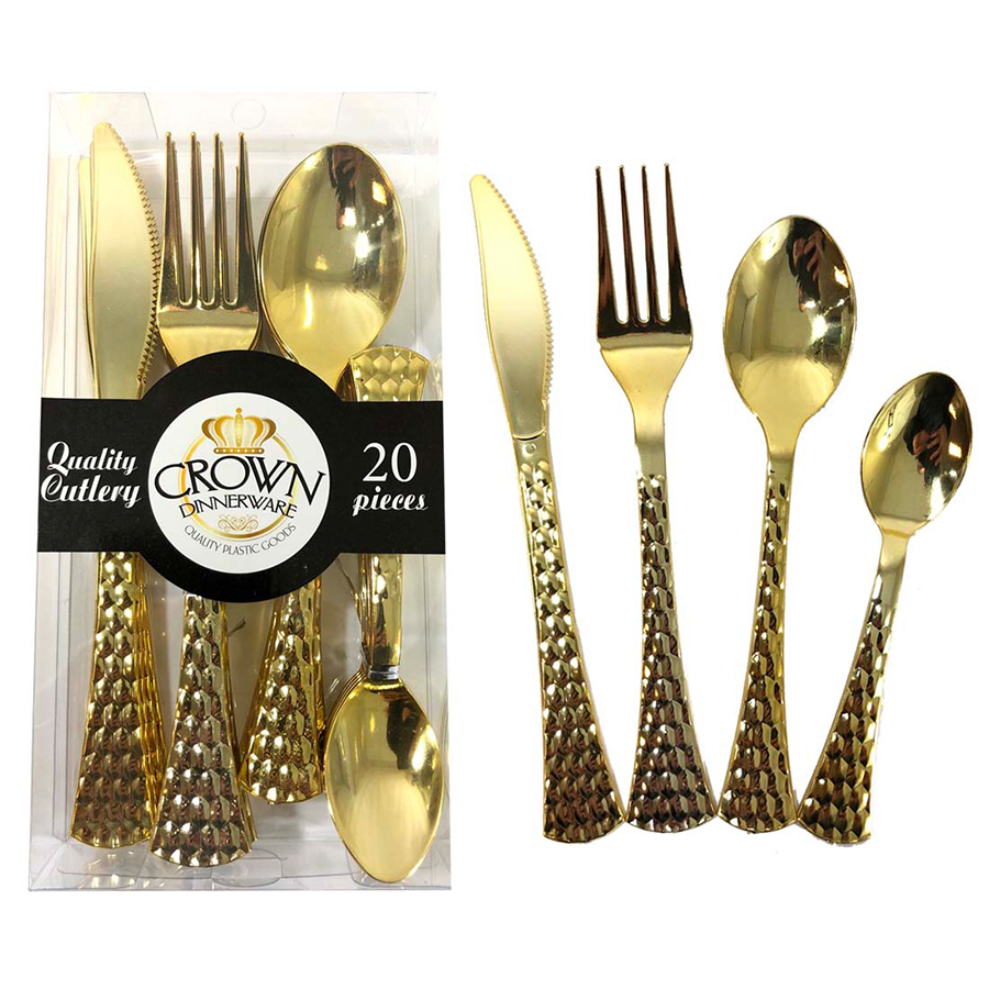 [36111] CROWN DINNERWARE PLASTIC CUTLERY COMBO 20 CT ROYAL COLLECTION GOLD IN PVC BOX