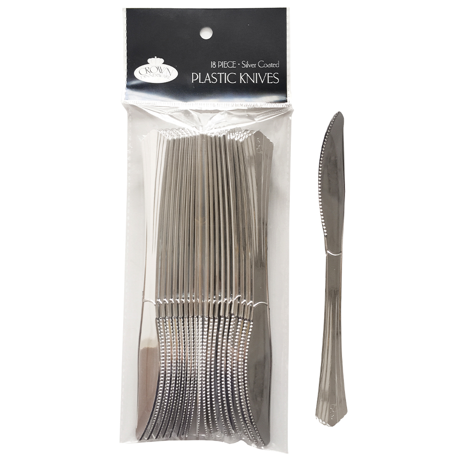 [24955] CROWN DINNERWARE PLASTIC CUTLERY KNIFE 18 CT SILVER COATED