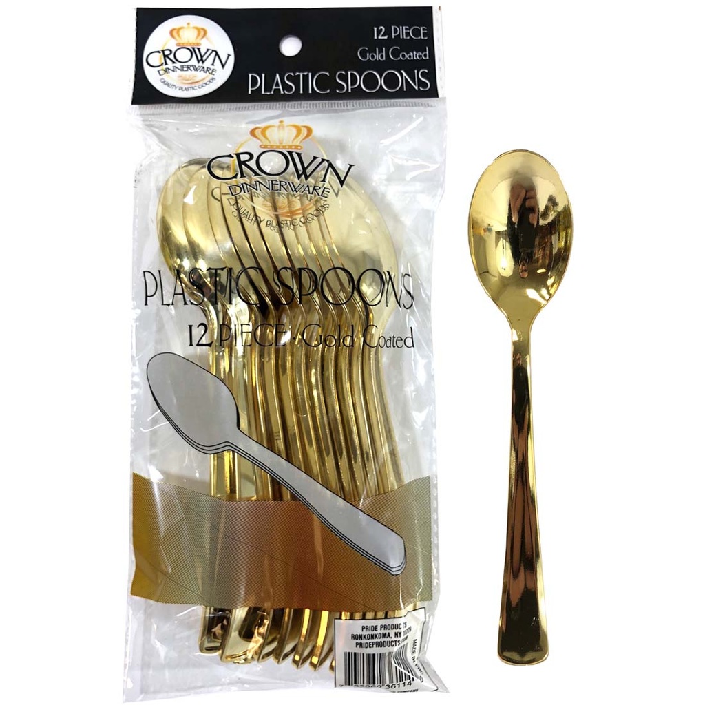 [36114] CROWN DINNERWARE PLASTIC CUTLERY SPOON 12 CT GOLD COATED