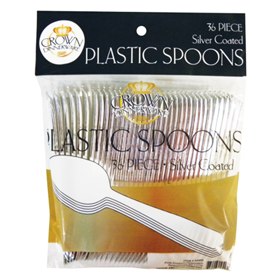 [94958] CROWN DINNERWARE PLASTIC CUTLERY SPOON 36 CT SILVER COATED