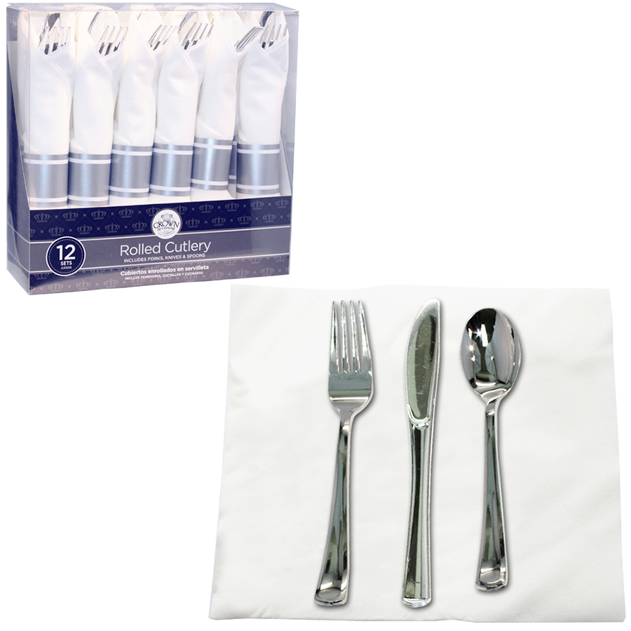 [38553] CROWN ROLLED CUTLRY 12 CT COMBO + NAPKIN HOLDER SILVER (FORKS, KNIVES & SPOONS)